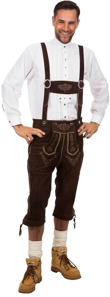 Donkerbruine halflange echte lederhosen | Oktoberfest kleding maat 50 (M)